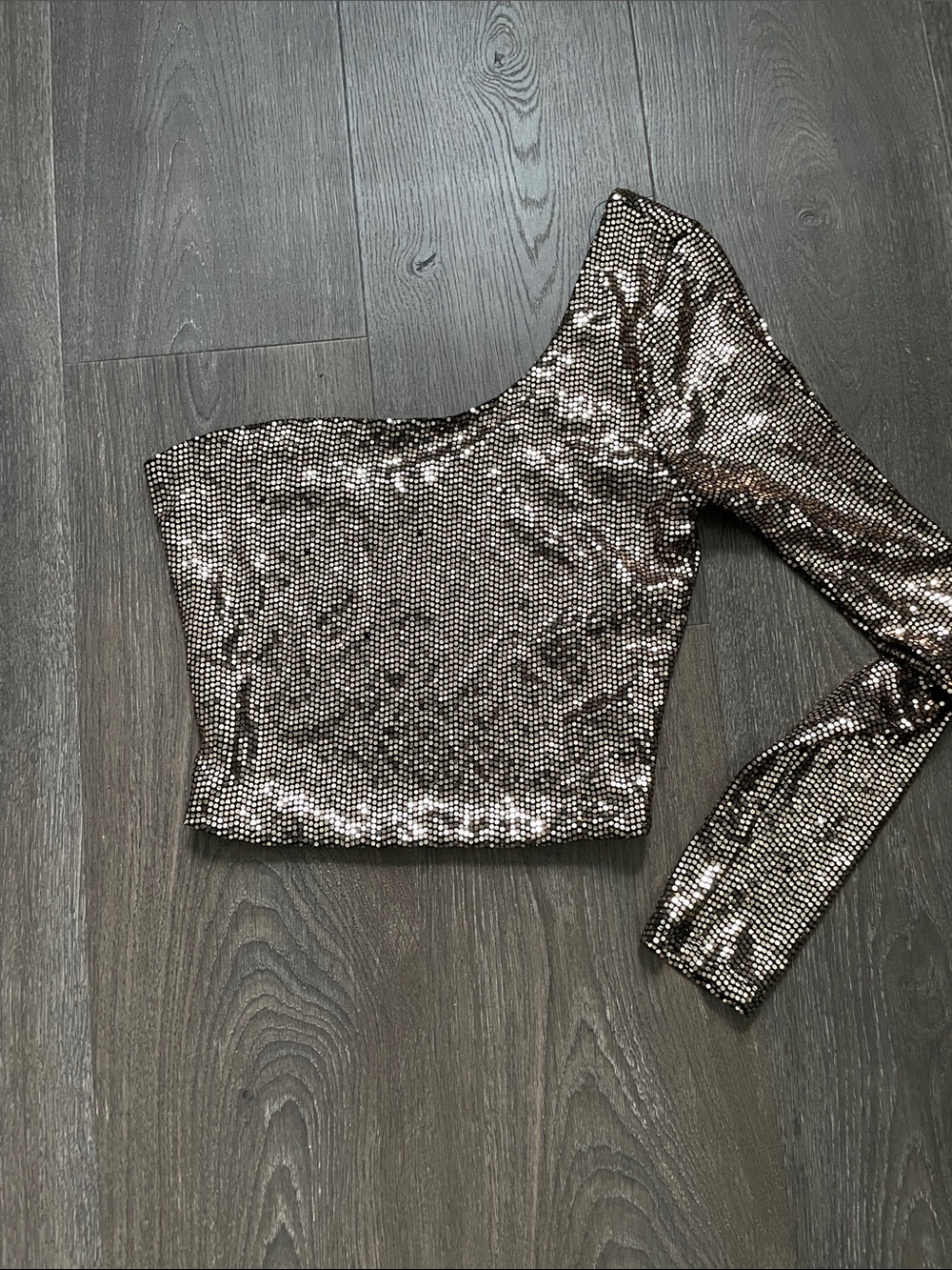 Papermoon One-Shoulder Sequin Crop Top in Metallic Bronze